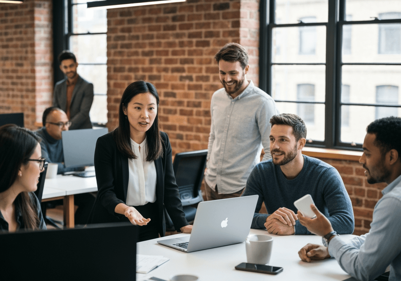 Professional team collaborating in UK office